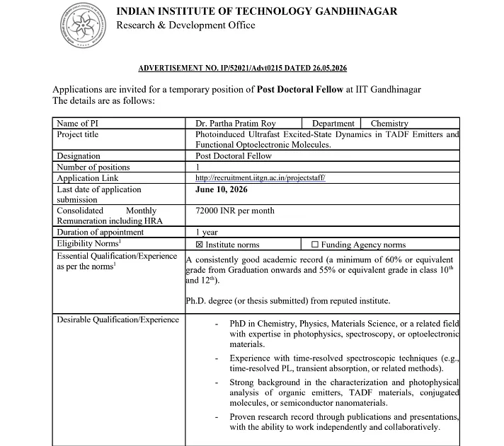 IIT Gandhinagar Recruitment 2026: Apply for Post Doctoral Fellow Position