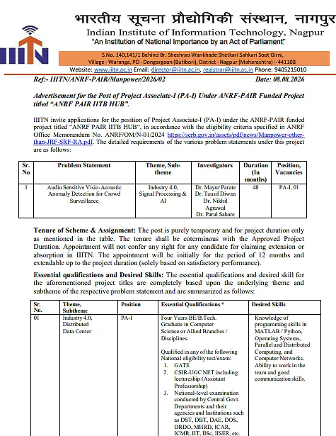 IIIT Nagpur Project Associate-I Recruitment 2026 Under ANRF-PAIR Project