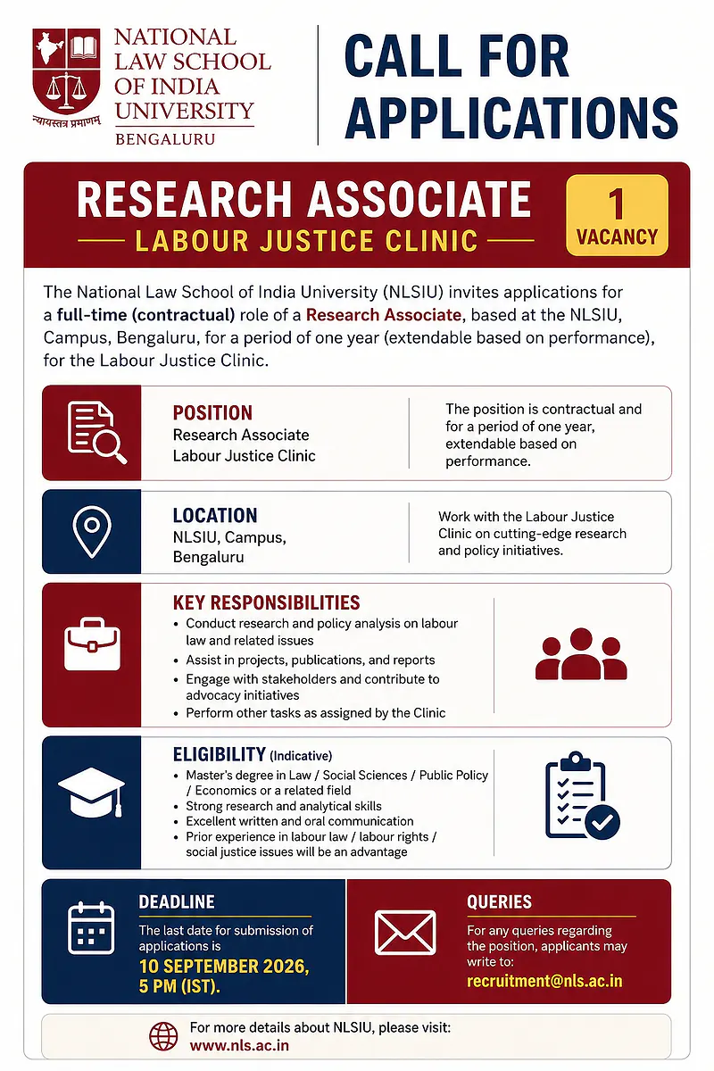 Research Associate Recruitment 2026 at NLSIU Bengaluru – Labour Justice Clinic