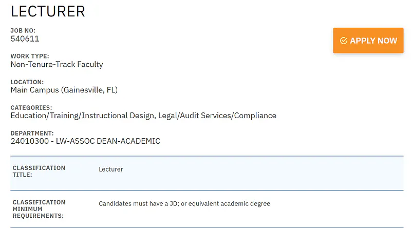 University of Florida Hiring Lecturer in Legal Writing
