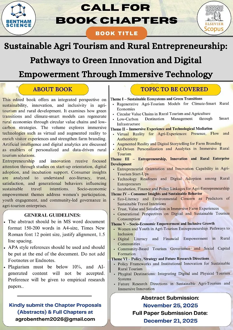 Call for Book Chapters - Sustainable Agri Tourism and Rural Entrepreneurship