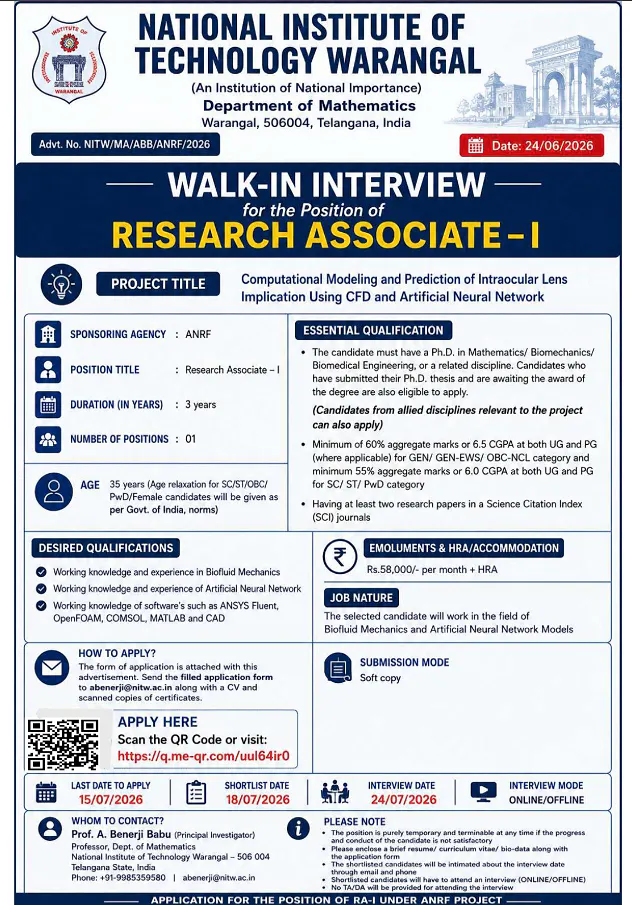 Research Associate-I Recruitment 2026 | National Institute of Technology Warangal (NIT Warangal)
