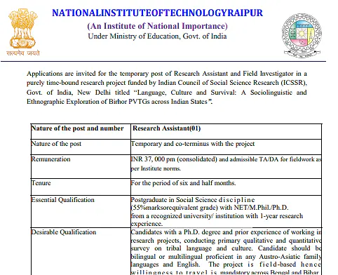 NIT Raipur Research Assistant Recruitment 2026 – ICSSR-Funded Research Project