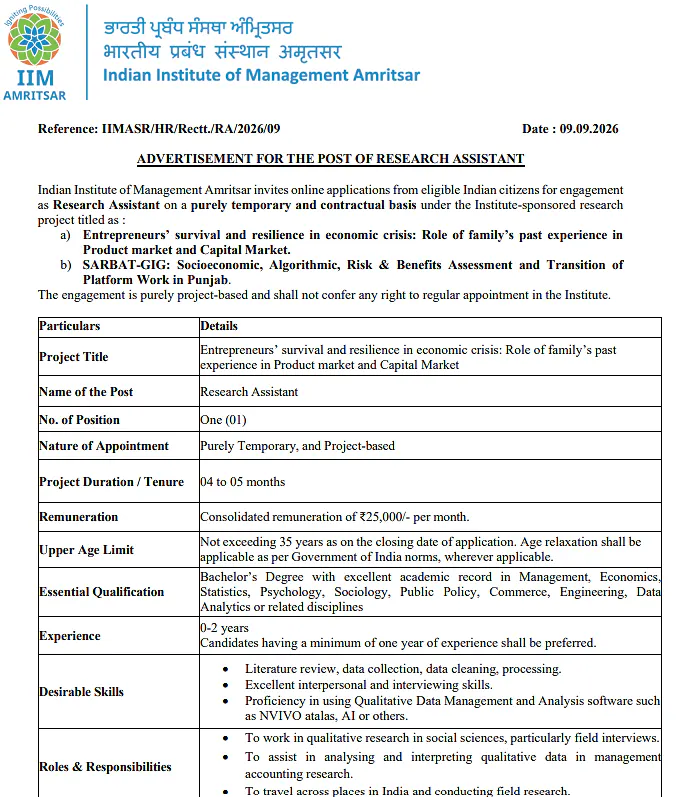 Research Assistant Recruitment 2026 at IIM Amritsar – Apply Online