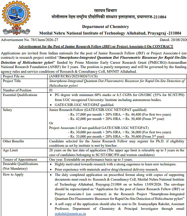 Junior Research Fellow / Project Associate-I Recruitment 2026 at MNNIT Allahabad – ANRF Sponsored Research Project