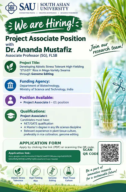 Project Associate-I Recruitment 2026 at South Asian University – DBT Funded Rice Genome Editing Project