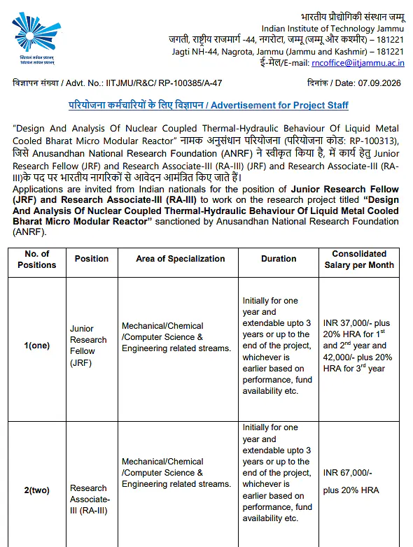 Project Staff Recruitment 2026 at IIT Jammu – JRF & Research Associate-III Positions