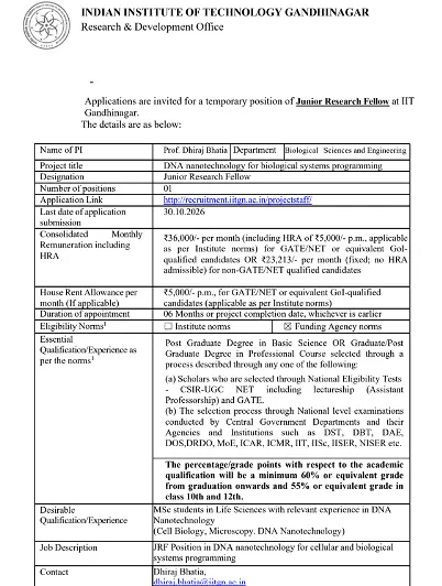 IIT Gandhinagar Junior Research Fellow (JRF) Recruitment 2026 – Biological Sciences and Engineering