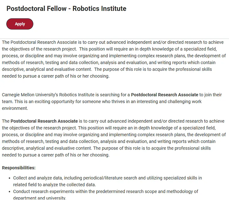 Carnegie Mellon University Recruitment 2026: Postdoctoral Fellow – Robotics Institute