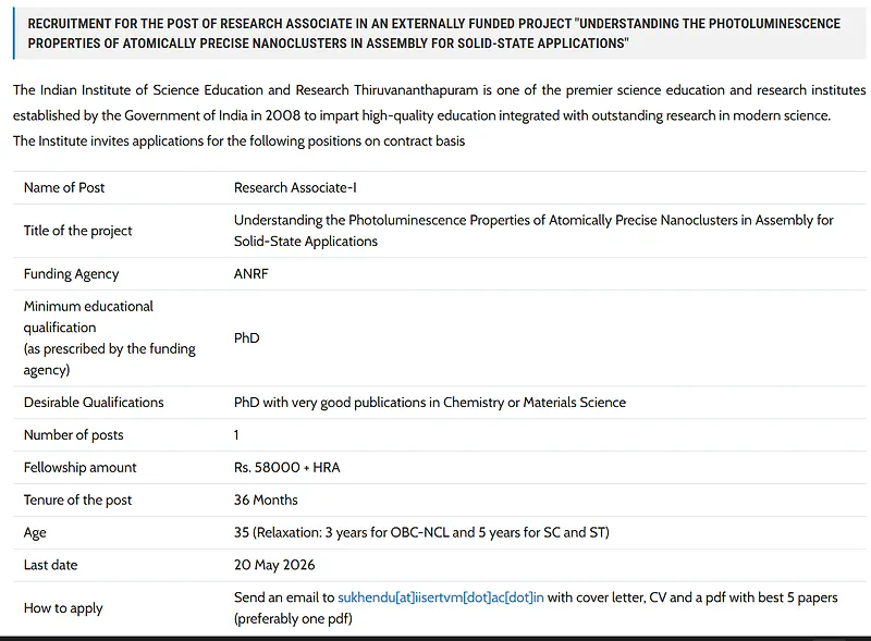 Research Associate Recruitment 2026 – IISER Thiruvananthapuram (ANRF Project)