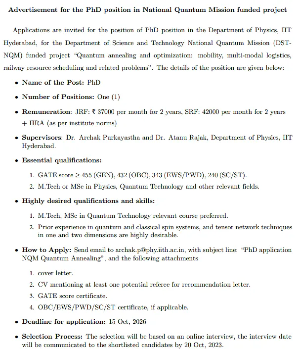 PhD Position in National Quantum Mission Funded Project – IIT Hyderabad