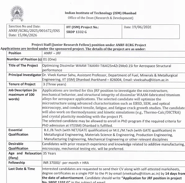 IIT (ISM) Dhanbad Recruitment 2026 | Junior Research Fellow (JRF) under ANRF-ECRG Project