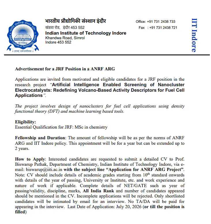 IIT Indore JRF Recruitment 2026 | ANRF-ARG Funded Research Project