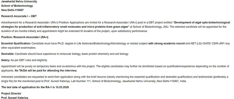 Research Associate-I (RA-I) Recruitment 2026 – JNU (DBT Project)