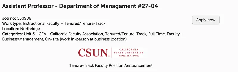 Assistant Professor – Department of Management – California State University, Northridge