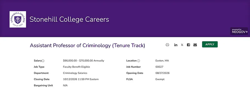 Assistant Professor of Criminology (Tenure Track) – Stonehill College