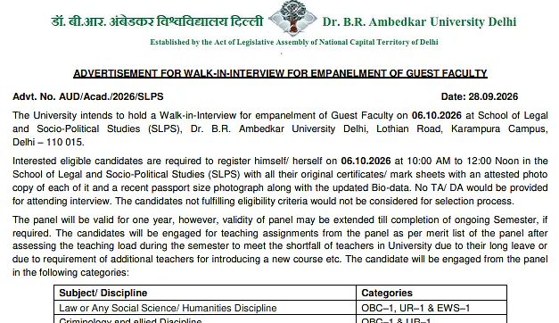 Guest Faculty Recruitment 2026 – Dr. B.R. Ambedkar University Delhi