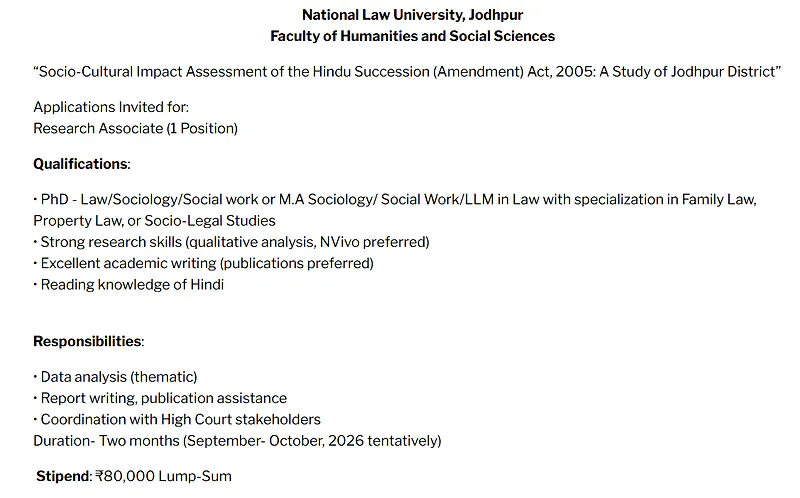 National Law University, Jodhpur Recruitment 2026 | Research Associate Vacancy