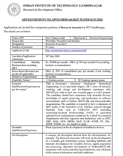 IIT Gandhinagar Invites Applications for Research Associate-I Position in Electrical Engineering