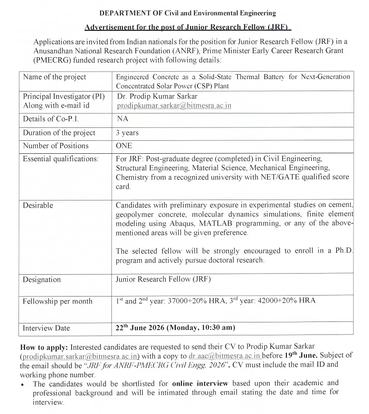BITS Mesra Recruitment 2026: Junior Research Fellow (JRF) Position Under ANRF-PMECRG Project