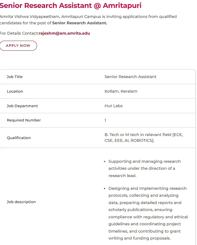 Senior Research Assistant Recruitment 2026 at Amrita Vishwa Vidyapeetham – Amritapuri Campus