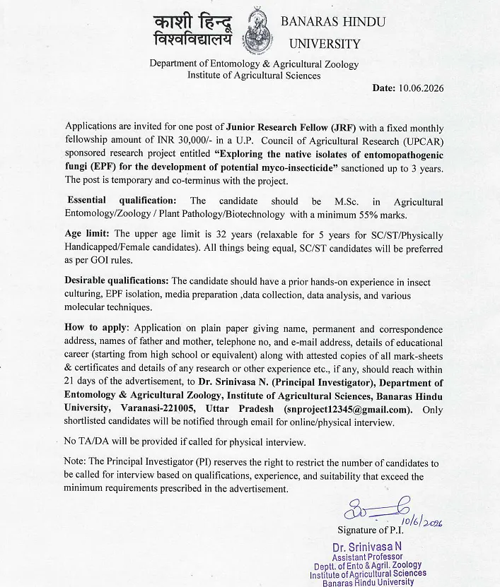 Junior Research Fellow (JRF) Recruitment 2026 at Banaras Hindu University (BHU)