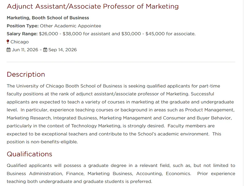 University of Chicago Booth School of Business Recruitment 2026: Adjunct Assistant/Associate Professor of Marketing