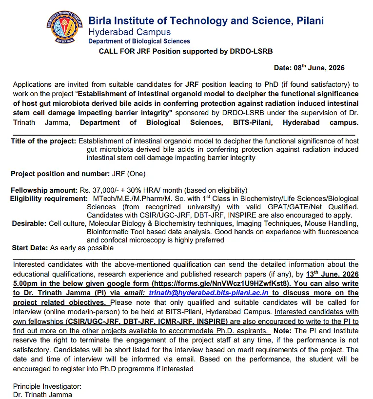 Junior Research Fellow (JRF) Recruitment 2026 at BITS Pilani Hyderabad | DRDO-LSRB Funded Project