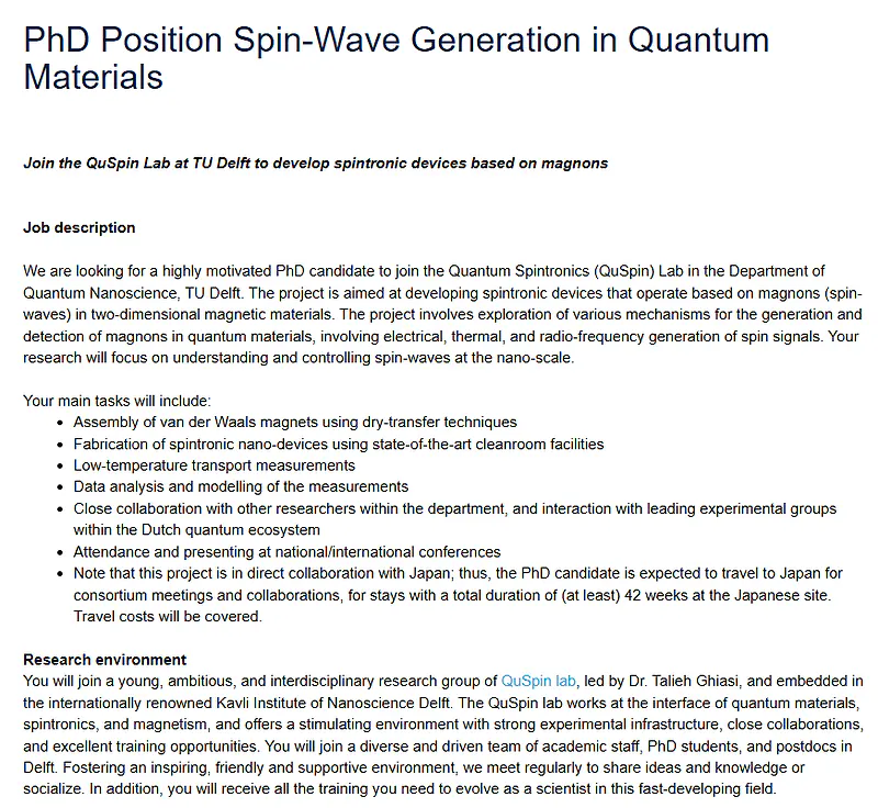 TU Delft PhD Position 2026: Spin-Wave Generation in Quantum Materials