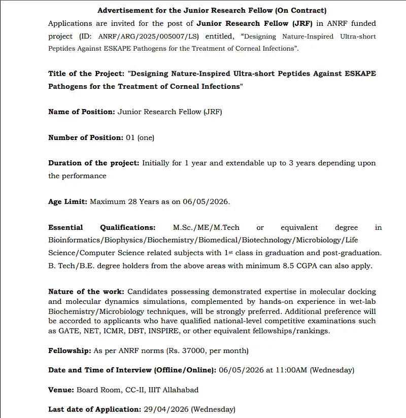 Junior Research Fellow (JRF) Recruitment 2026: IIIT Allahabad (ANRF Project)