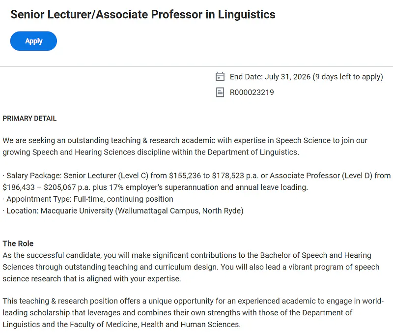 Macquarie University Senior Lecturer/Associate Professor Recruitment 2026