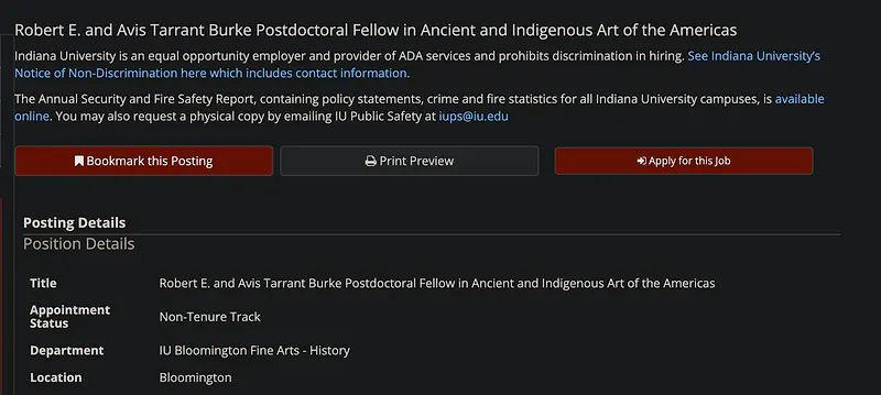 Postdoctoral Opportunity: Robert E. and Avis Tarrant Burke Postdoctoral Fellow in Ancient and Indigenous Art of the Americas – Indiana University Bloomington