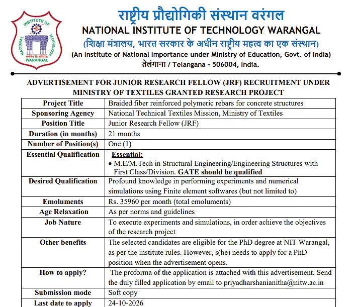 Junior Research Fellow (JRF) Recruitment 2026 at NIT Warangal – Ministry of Textiles Project