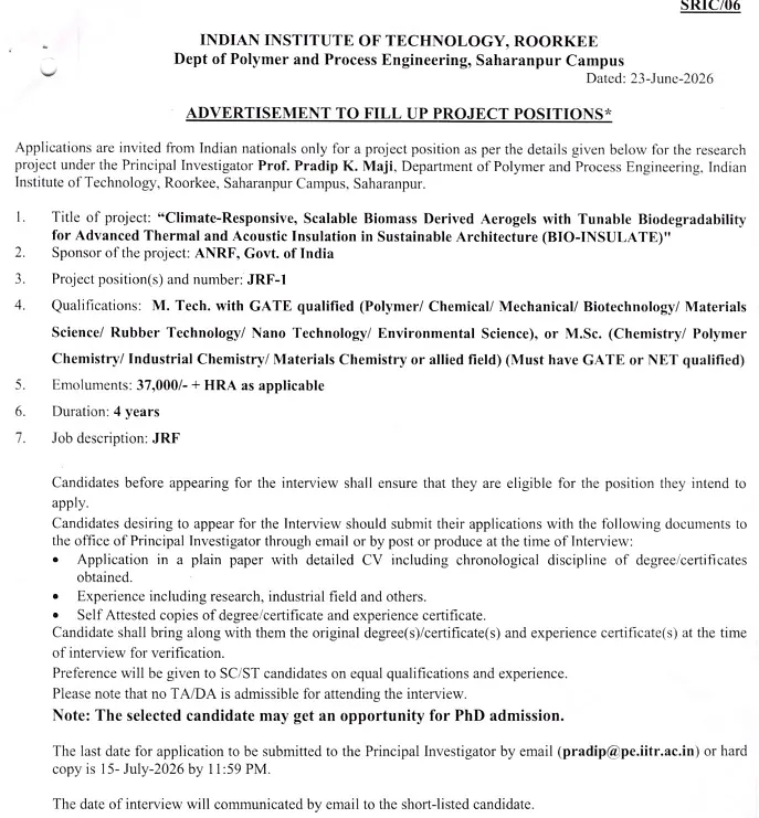 IIT Roorkee Recruitment 2026 | JRF-I Vacancy under ANRF-Funded Project