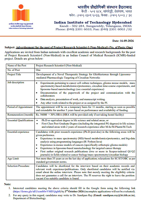 Project Research Scientist-I (Non-Medical) Recruitment 2026 at IIT Hyderabad – ICMR Funded Cancer Research Project