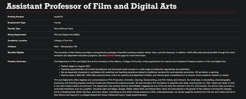 Faculty Opportunity: Assistant Professor of Film and Digital Arts – University of New Mexico