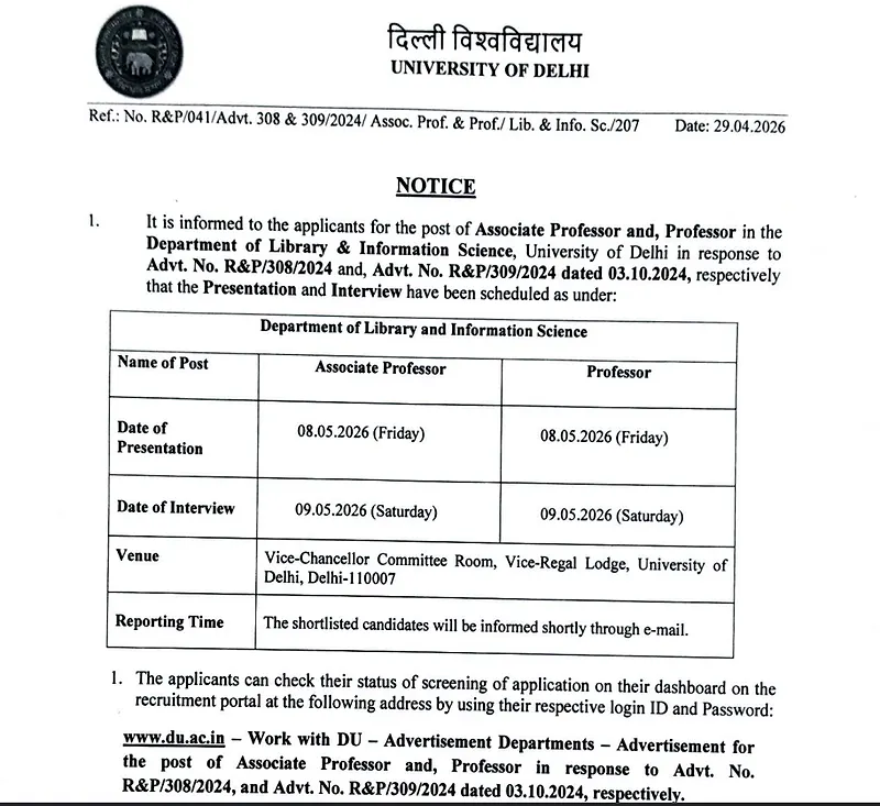 Associate Professor & Professor at University of Delhi Recruitment 2026