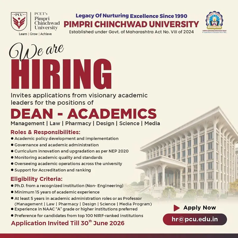 Pimpri Chinchwad University Recruitment 2026: Applications Invited for Dean – Academics