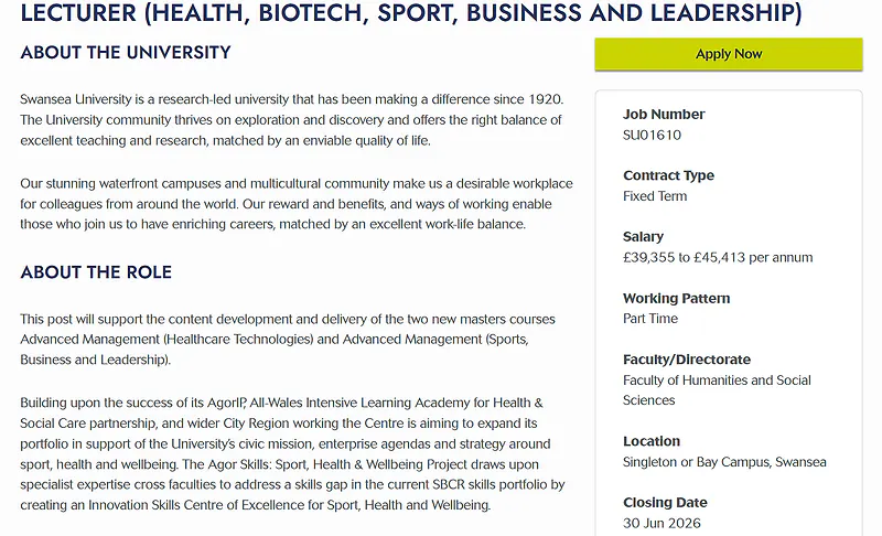 Lecturer (Health, Biotech, Sport, Business and Leadership)