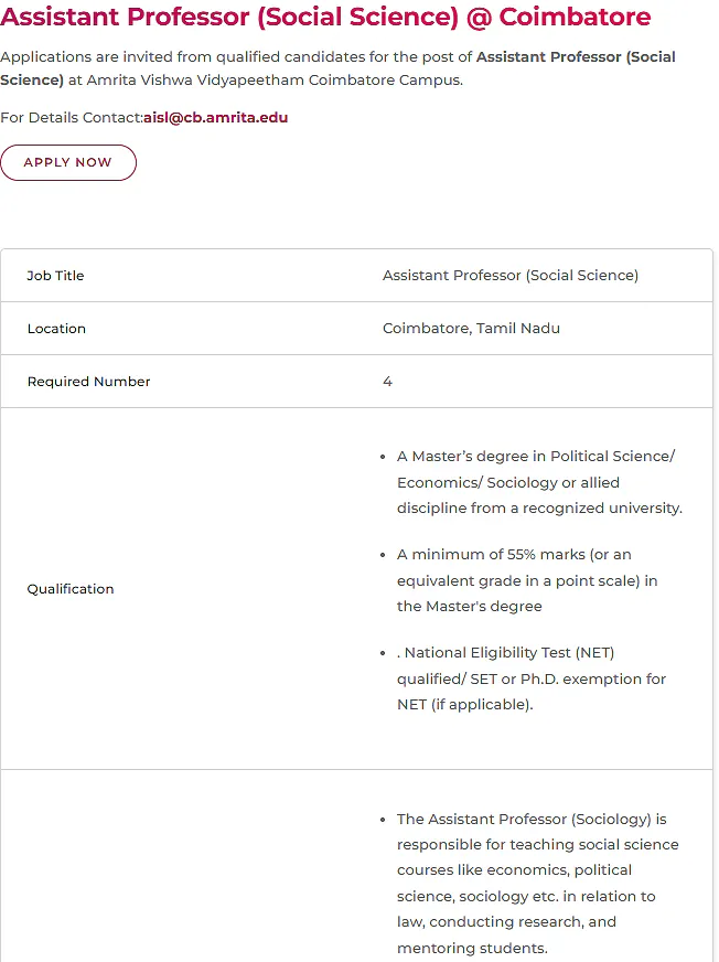 Assistant Professor Recruitment 2026 at Amrita Vishwa Vidyapeetham – Social Science