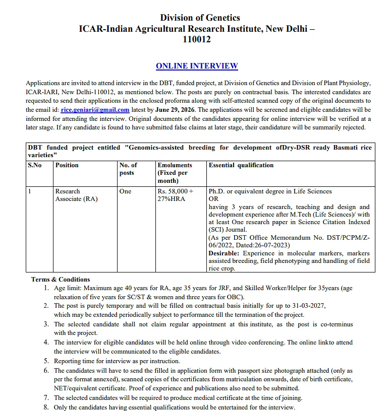 Research Associate (RA) Recruitment 2026 at ICAR-IARI, New Delhi | DBT-Funded Project
