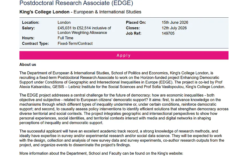 Postdoctoral Research Associate (EDGE) | King's College London