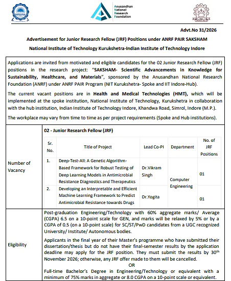 Junior Research Fellow (JRF) Recruitment 2026 at NIT Kurukshetra and IIT Indore – ANRF PAIR SAKSHAM Project