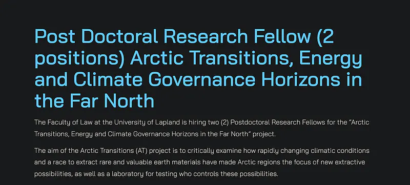 Postdoctoral Research Opportunity: Post Doctoral Research Fellow – Arctic Transitions, Energy and Climate Governance Horizons in the Far North – University of Lapland