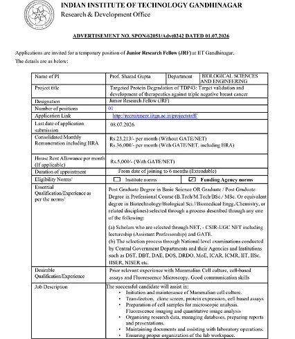 IIT Gandhinagar Invites Applications for Junior Research Fellow (JRF) Position in Biological Sciences and Engineering