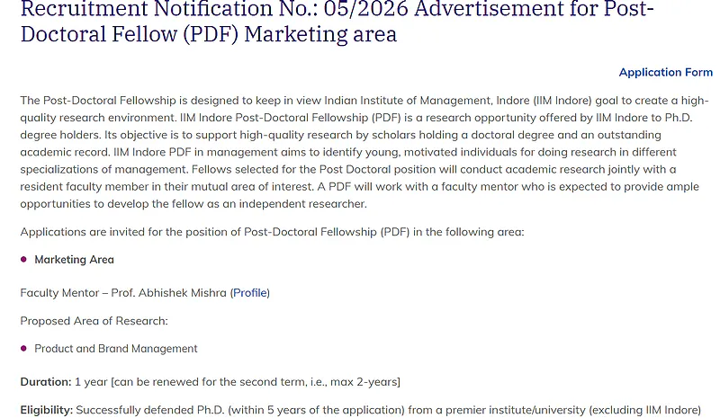  IIM Indore Post-Doctoral Fellowship 2026 – Marketing Area