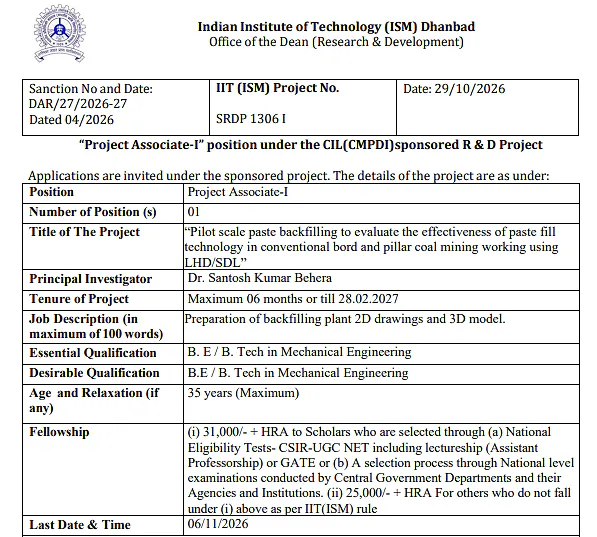 IIT (ISM) Dhanbad Project Associate-I Recruitment 2026 – Mechanical Engineering Research Project