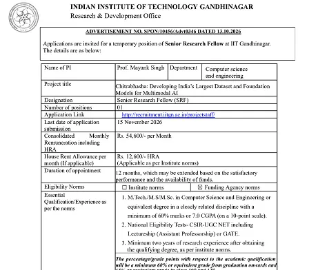 Senior Research Fellow (SRF) Recruitment 2026 at IIT Gandhinagar – Computer Science and Engineering