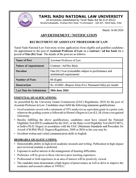 Tamil Nadu National Law University (TNNLU) Recruitment 2026: Applications Invited for Assistant Professor of Law Positions
