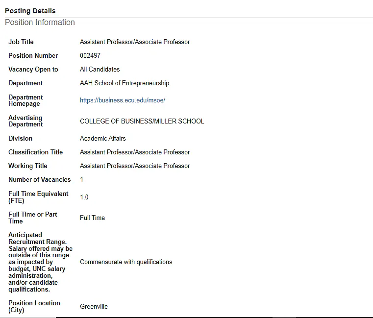 Assistant Professor/Associate Professor – East Carolina University